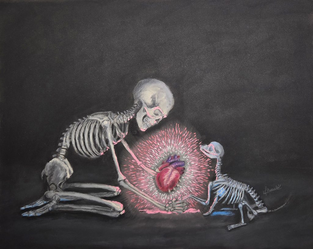 Skeleton handing over their heart to a dog skeleton.